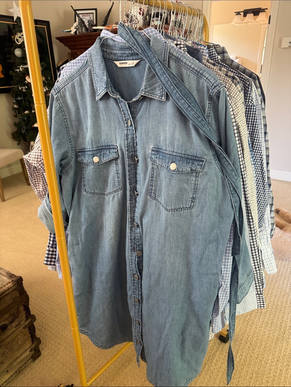 Sonoma light blue denim midi dress with waist tie